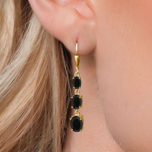 18K Yellow Gold with 5.40 Cttw 3 Stone Black Onyx Dangling Leverback Earrings - Picture 2 of 5